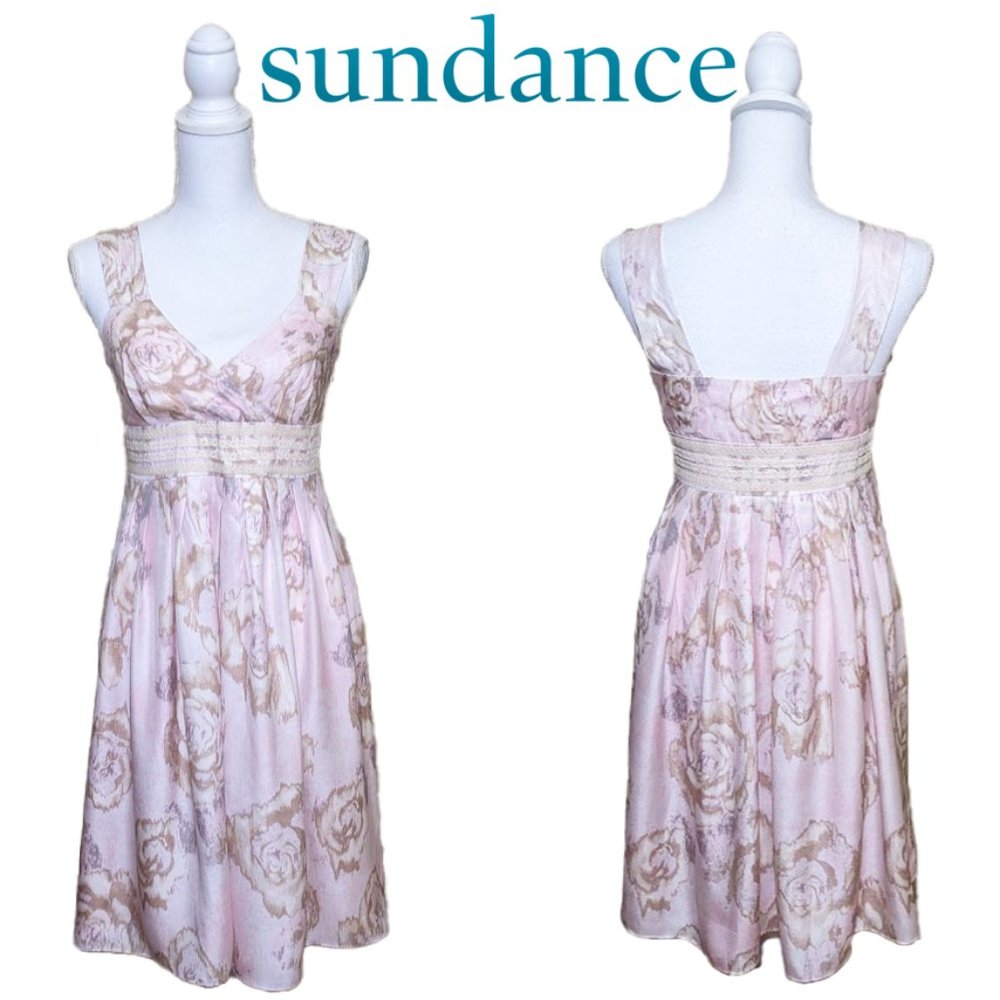 SUNDANCE 100% Silk Surplice Sundress in Pink Floral Print w/ Lace Trim